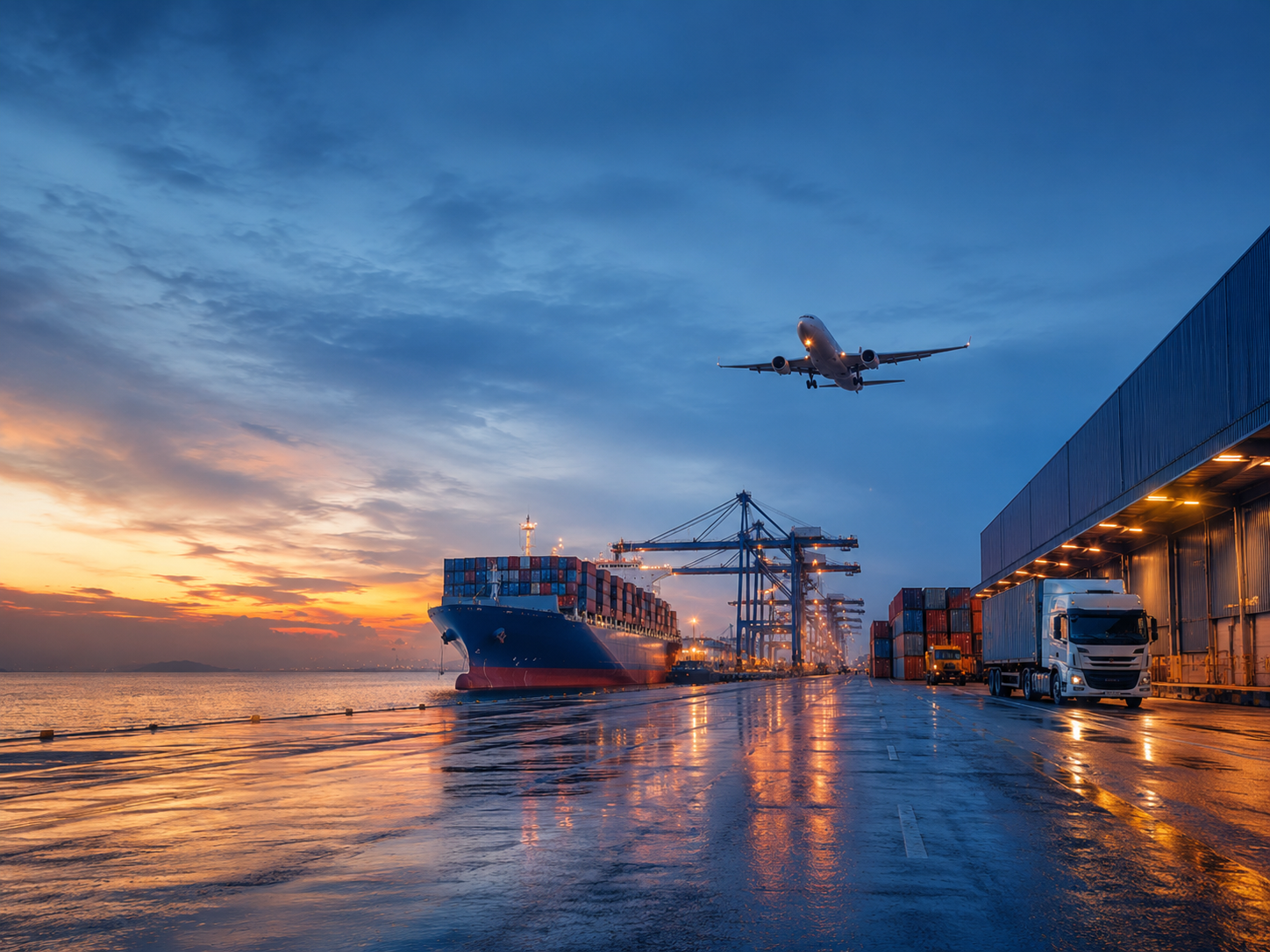 Terminal logística internacional con nave, avión y camiones